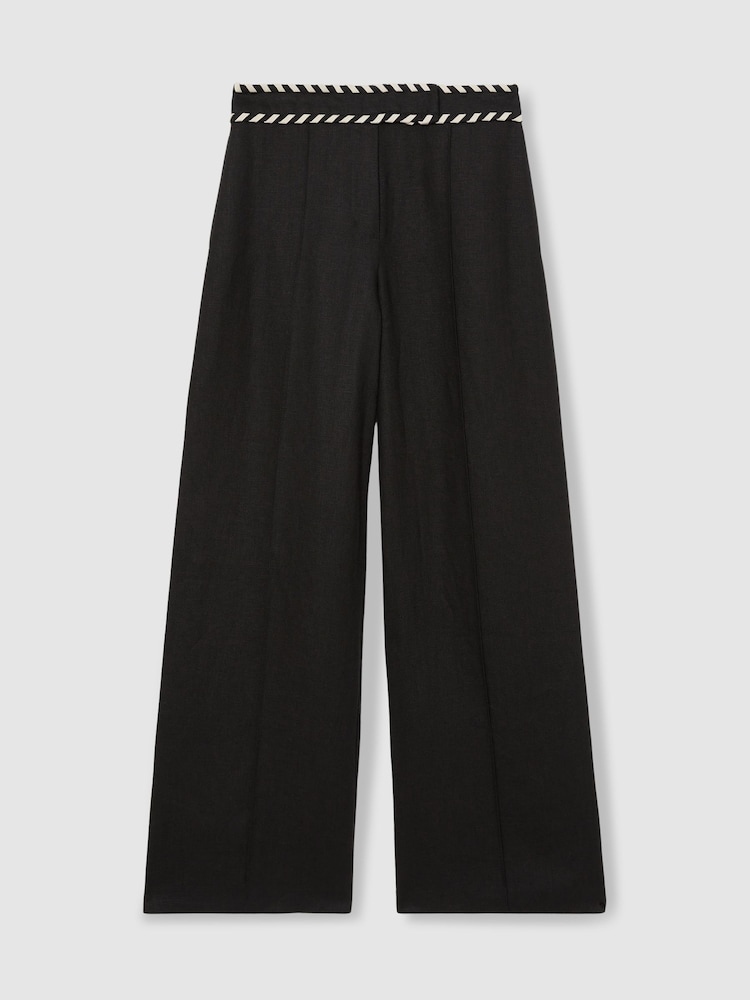 Reiss Black Fawn Petite Linen Wide-Leg Whipstitch Trousers - Image 2 of 7