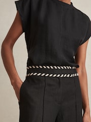 Reiss Black Fawn Petite Linen Wide-Leg Whipstitch Trousers - Image 4 of 7
