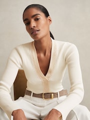 Reiss Ivory Lauri Craft-Stitch Rib-Knit Top - Image 1 of 5