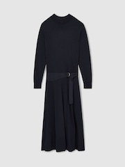 Reiss Navy Alina Compact-Knit Belted Midi Dress - Image 3 of 7