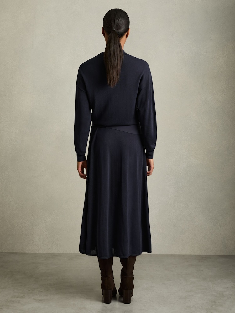 Reiss Navy Alina Compact-Knit Belted Midi Dress - Image 6 of 7