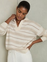 Reiss Neutral Sami Wool-Cashmere Stripe Open-Collar Jumper - Image 1 of 6