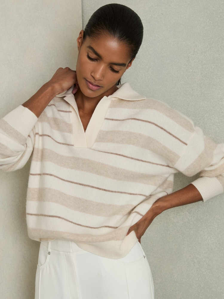 Reiss Neutral Sami Wool-Cashmere Stripe Open-Collar Jumper - Image 1 of 6