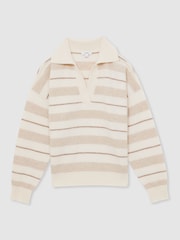 Reiss Neutral Sami Wool-Cashmere Stripe Open-Collar Jumper - Image 2 of 6