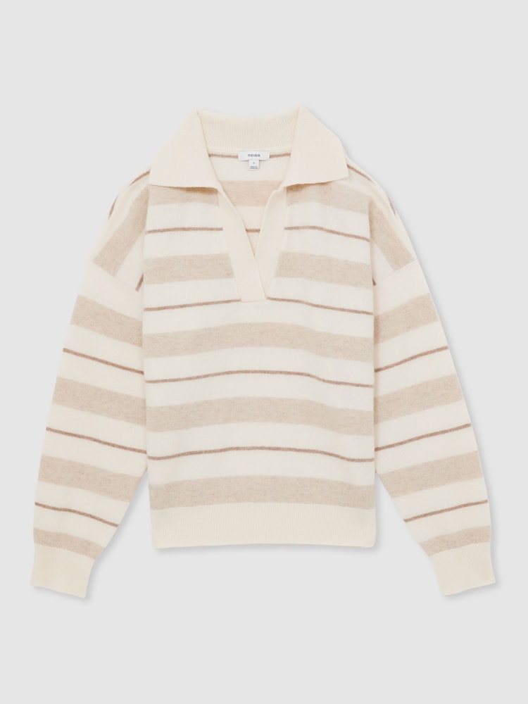 Reiss Neutral Sami Wool-Cashmere Stripe Open-Collar Jumper - Image 2 of 6