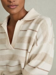 Reiss Neutral Sami Wool-Cashmere Stripe Open-Collar Jumper - Image 4 of 6