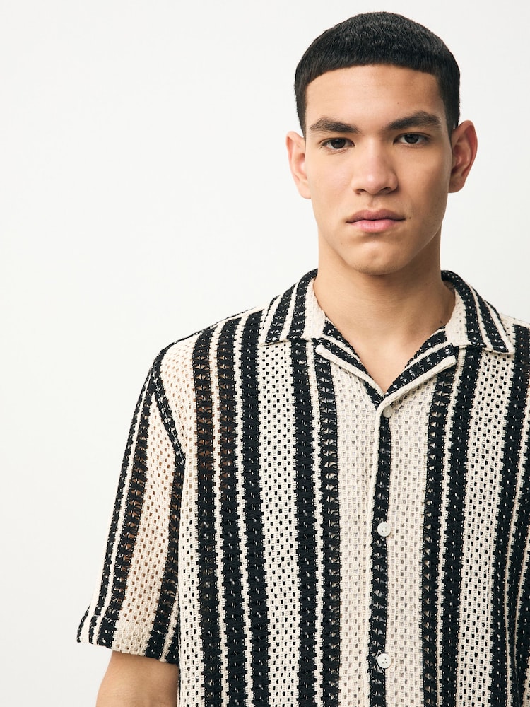 Monochrome Crochet Stripe Short Sleeve Shirt - Image 1 of 6