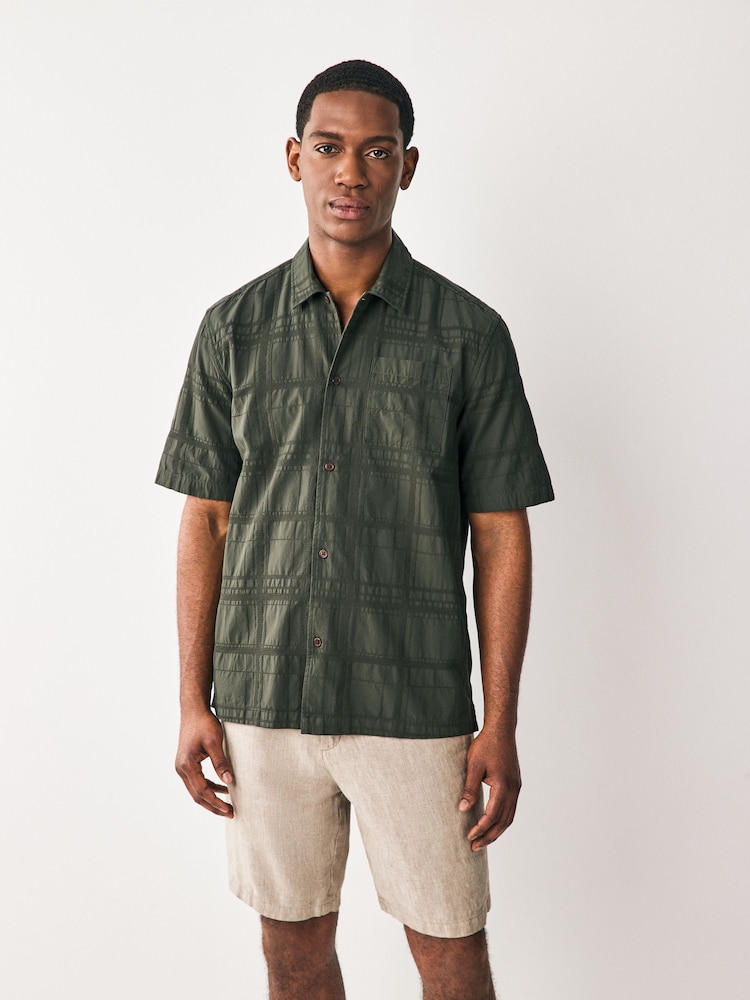 Green 100% Cotton Textured Check Short Sleeve Shirt - Image 1 of 7