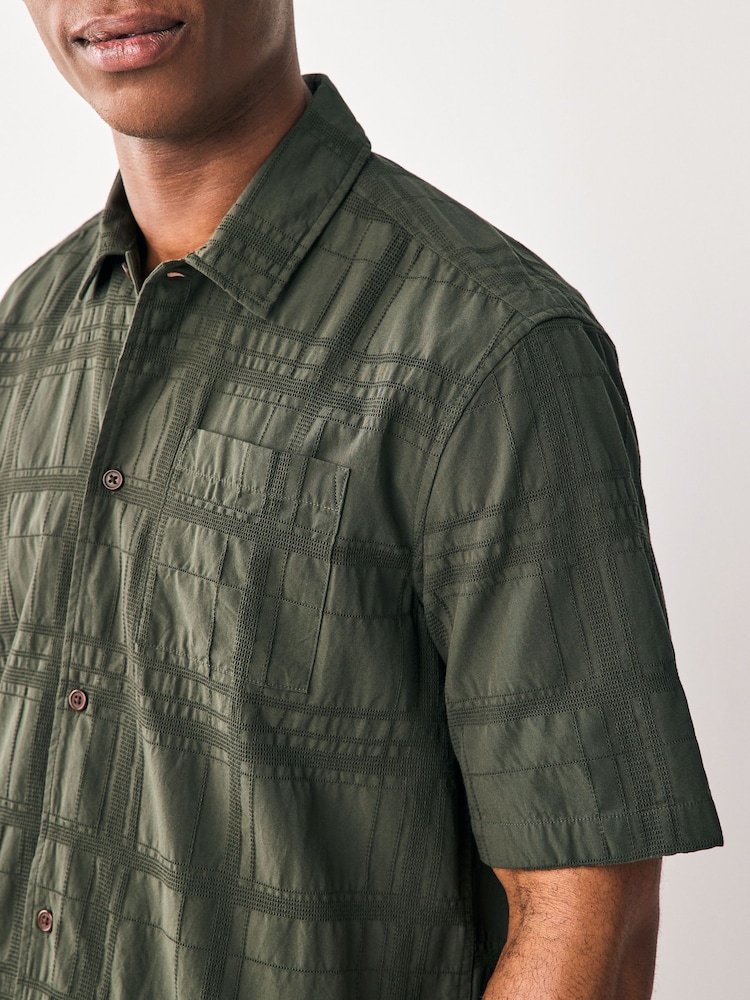 Green 100% Cotton Textured Check Short Sleeve Shirt - Image 3 of 7