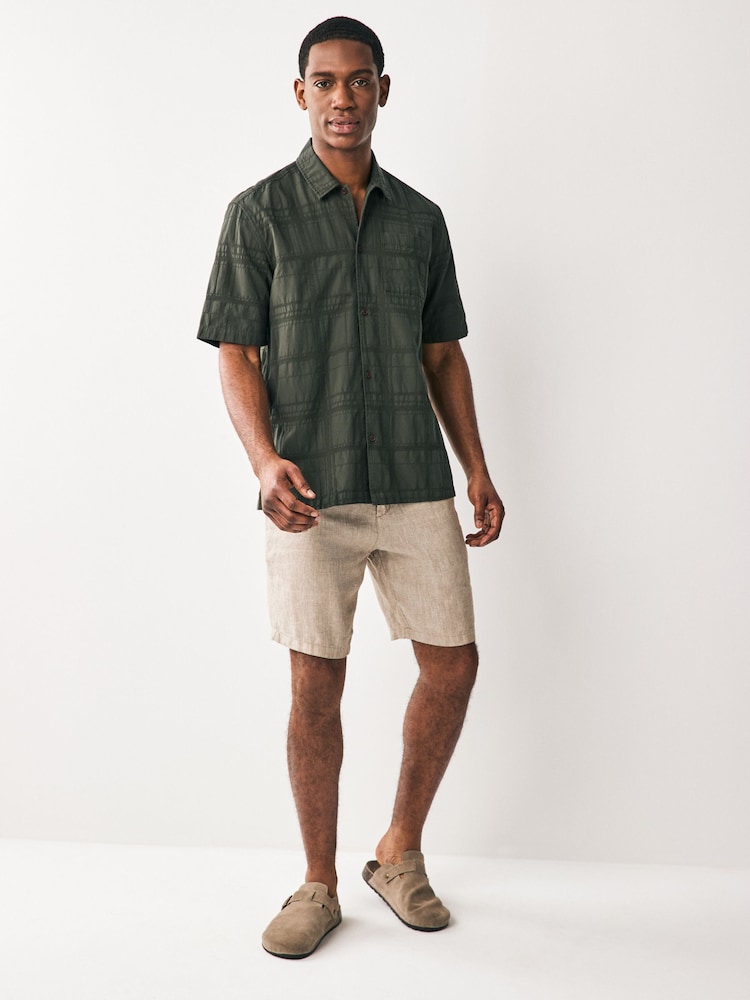 Green 100% Cotton Textured Check Short Sleeve Shirt - Image 4 of 7