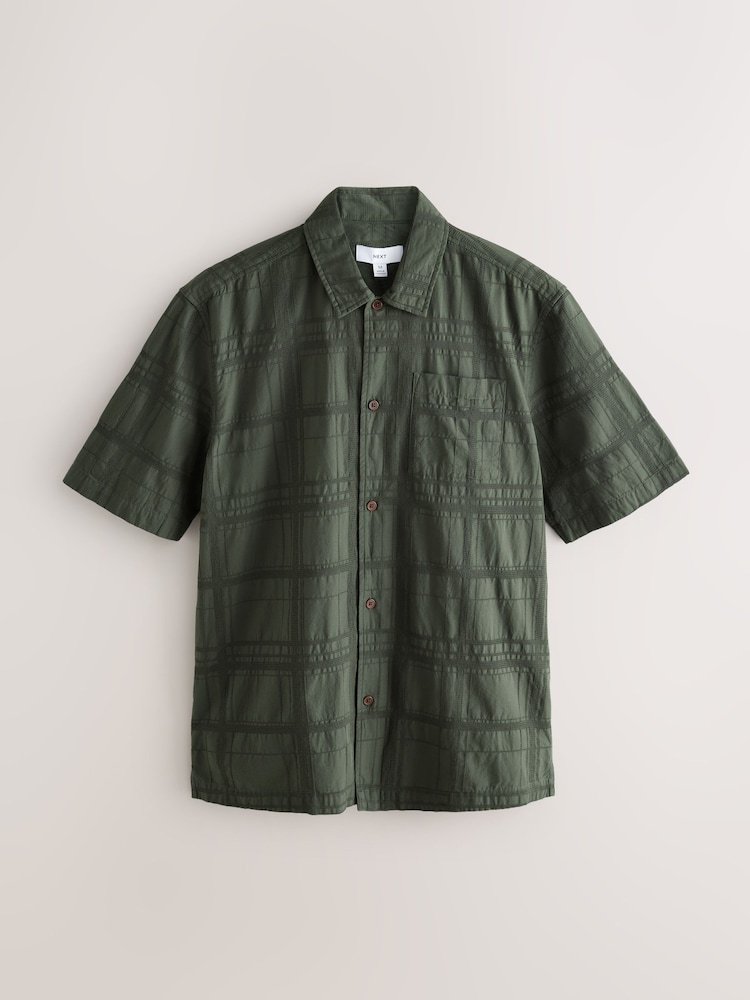 Green 100% Cotton Textured Check Short Sleeve Shirt - Image 5 of 7