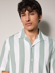 Green Waffle Textured Stripe Short Sleeve 100% Cotton Shirt - Image 1 of 8