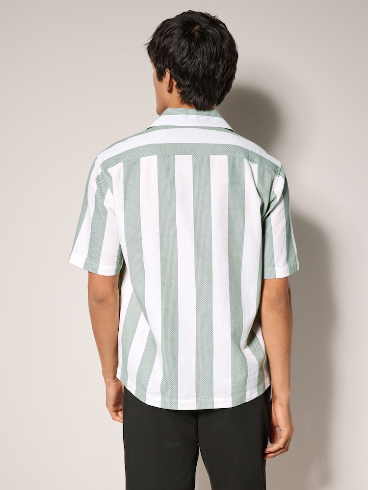 Green Waffle Textured Stripe Short Sleeve 100% Cotton Shirt - Image 3 of 8