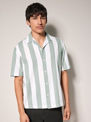Green Waffle Textured Stripe Short Sleeve 100% Cotton Shirt - Image 4 of 8
