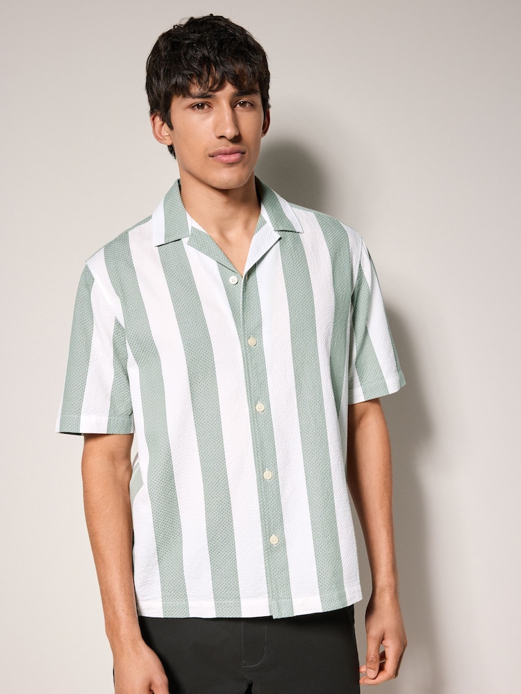 Green Waffle Textured Stripe Short Sleeve 100% Cotton Shirt - Image 4 of 8