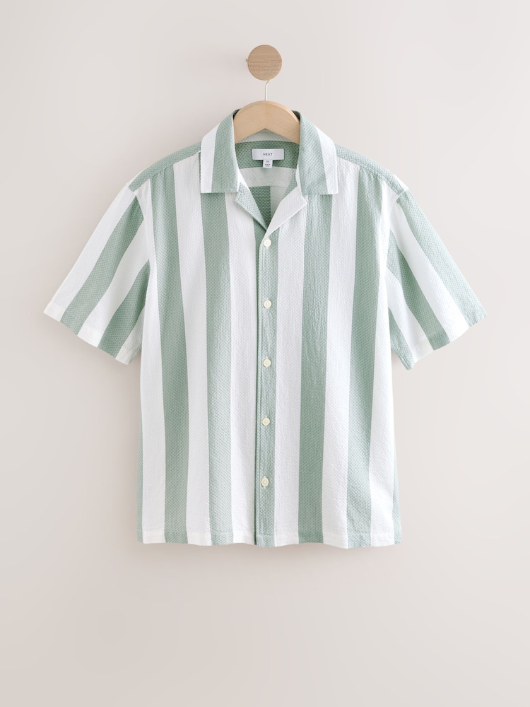 Green Waffle Textured Stripe Short Sleeve 100% Cotton Shirt - Image 6 of 8