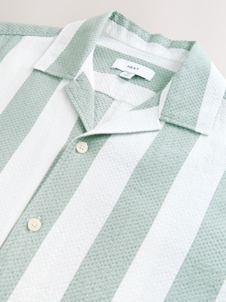 Green Waffle Textured Stripe Short Sleeve 100% Cotton Shirt - Image 7 of 8