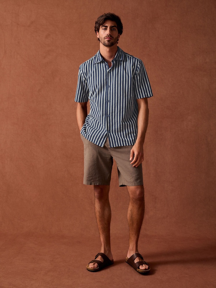 Navy Blue 100% Cotton Textured Stripe Short Sleeve Shirt - Image 2 of 8