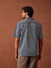 Navy Blue 100% Cotton Textured Stripe Short Sleeve Shirt - Image 3 of 8