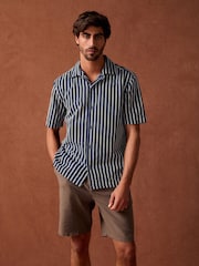 Navy Blue 100% Cotton Textured Stripe Short Sleeve Shirt - Image 4 of 8