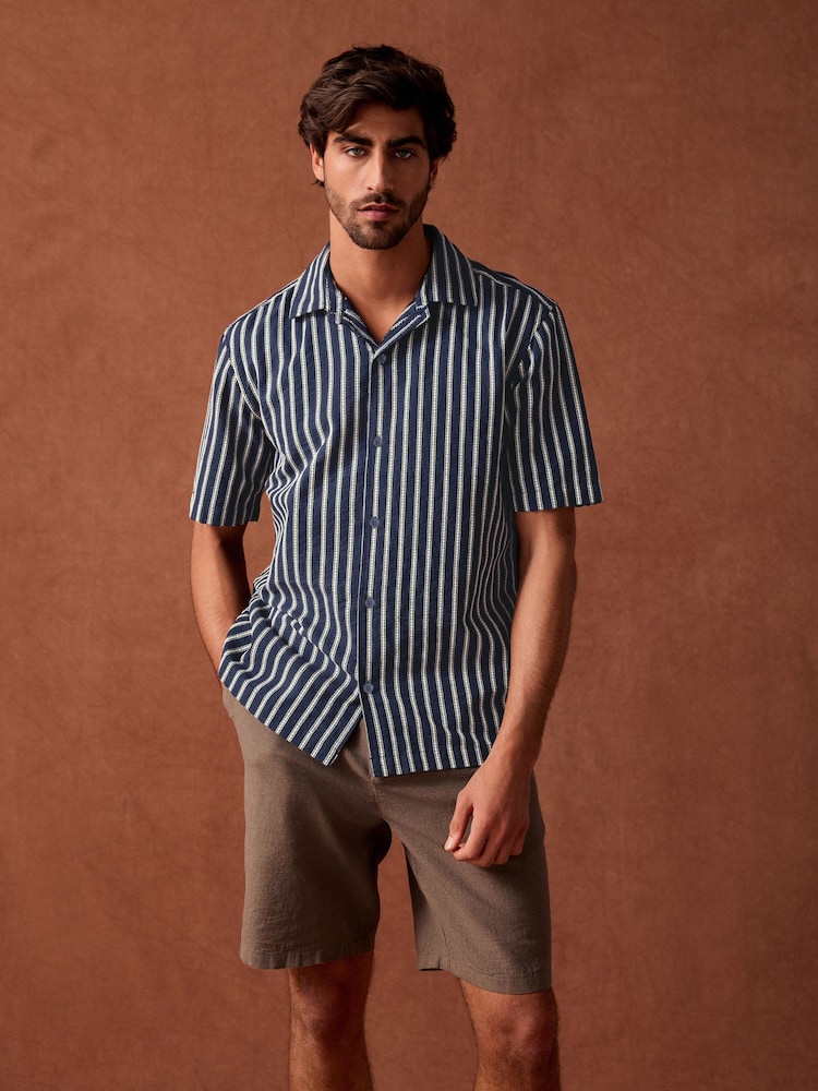 Navy Blue 100% Cotton Textured Stripe Short Sleeve Shirt - Image 4 of 8