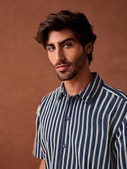 Navy Blue 100% Cotton Textured Stripe Short Sleeve Shirt - Image 5 of 8