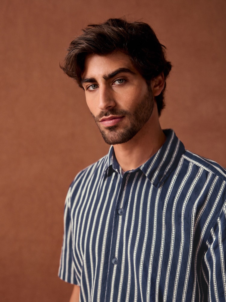 Navy Blue 100% Cotton Textured Stripe Short Sleeve Shirt - Image 5 of 8