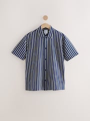 Navy Blue 100% Cotton Textured Stripe Short Sleeve Shirt - Image 6 of 8