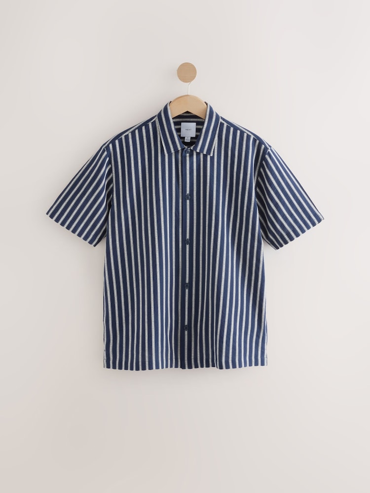 Navy Blue 100% Cotton Textured Stripe Short Sleeve Shirt - Image 6 of 8