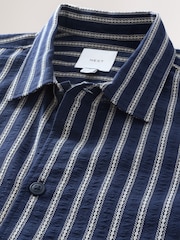 Navy Blue 100% Cotton Textured Stripe Short Sleeve Shirt - Image 7 of 8