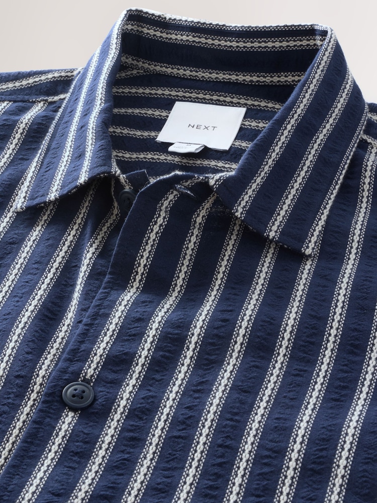 Navy Blue 100% Cotton Textured Stripe Short Sleeve Shirt - Image 7 of 8