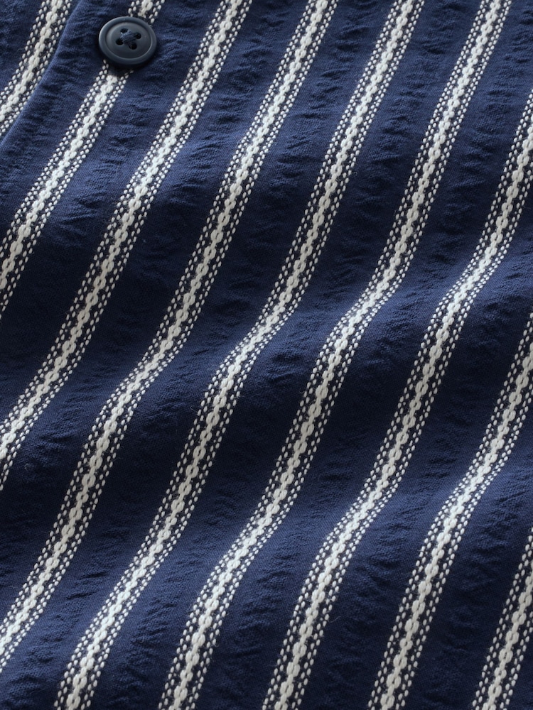 Navy Blue 100% Cotton Textured Stripe Short Sleeve Shirt - Image 8 of 8