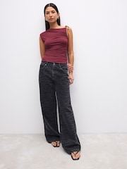 Burgundy Red Soft Touch Polyamide Ruched Sleeveless Top - Image 2 of 7
