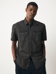 Black 100% Cotton Denim Western Short Sleeve Shirt - Image 1 of 7