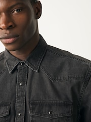 Black 100% Cotton Denim Western Short Sleeve Shirt - Image 4 of 7