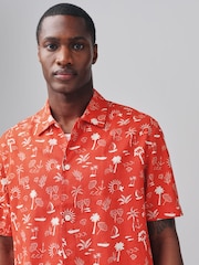 Red Palm Tree Conversational Printed Short Sleeve Shirt - Image 1 of 8