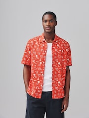 Red Palm Tree Conversational Printed Short Sleeve Shirt - Image 3 of 8