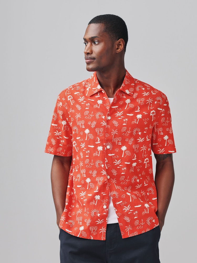 Red Palm Tree Conversational Printed Short Sleeve Shirt - Image 5 of 8