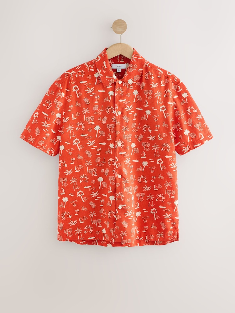 Red Palm Tree Conversational Printed Short Sleeve Shirt - Image 6 of 8