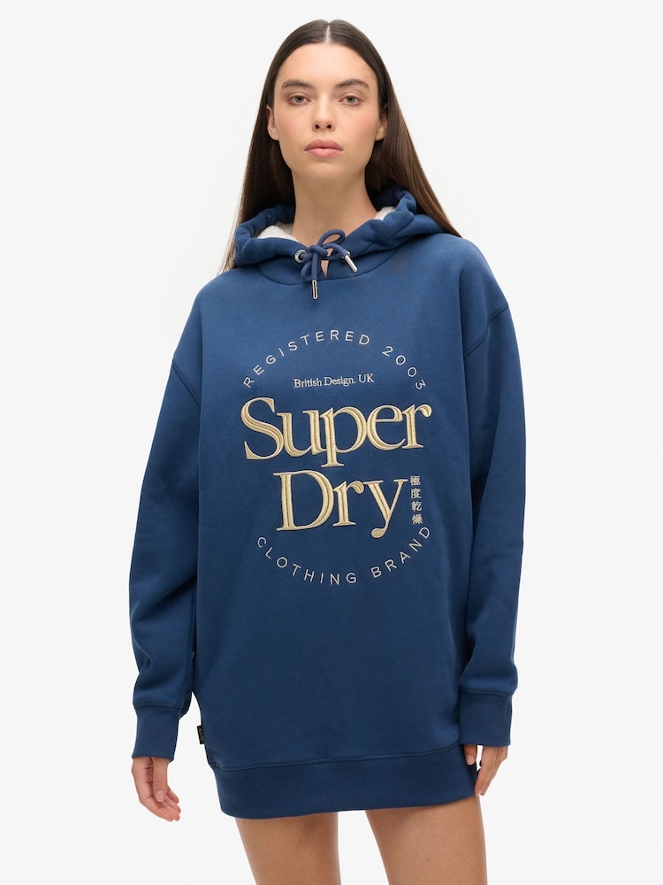 Superdry Blue Luxe Metallic Logo Hooded Dress - Image 1 of 6