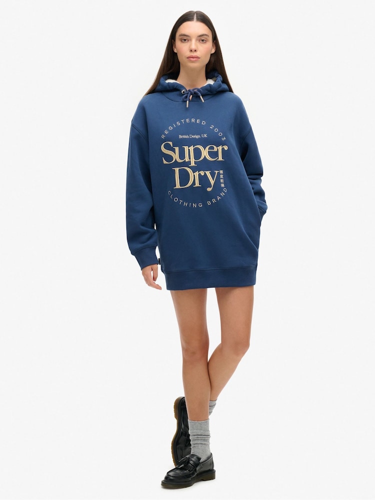 Superdry Blue Luxe Metallic Logo Hooded Dress - Image 2 of 6