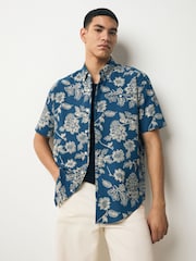Blue 100% Cotton Textured Floral Print Short Sleeve Shirt - Image 1 of 8