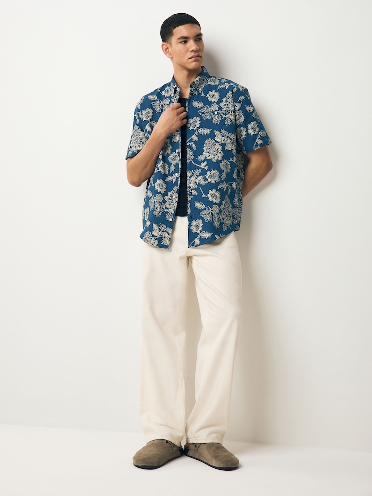 Blue 100% Cotton Textured Floral Print Short Sleeve Shirt - Image 2 of 8