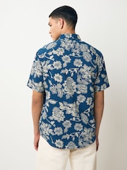 Blue 100% Cotton Textured Floral Print Short Sleeve Shirt - Image 3 of 8