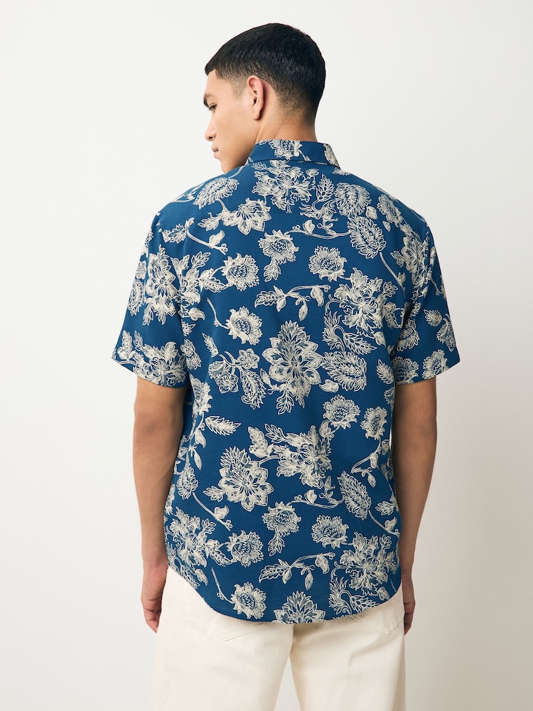 Blue 100% Cotton Textured Floral Print Short Sleeve Shirt - Image 3 of 8