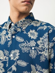Blue 100% Cotton Textured Floral Print Short Sleeve Shirt - Image 4 of 8