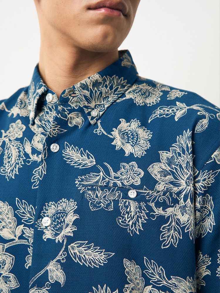 Blue 100% Cotton Textured Floral Print Short Sleeve Shirt - Image 4 of 8