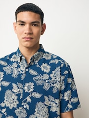 Blue 100% Cotton Textured Floral Print Short Sleeve Shirt - Image 5 of 8