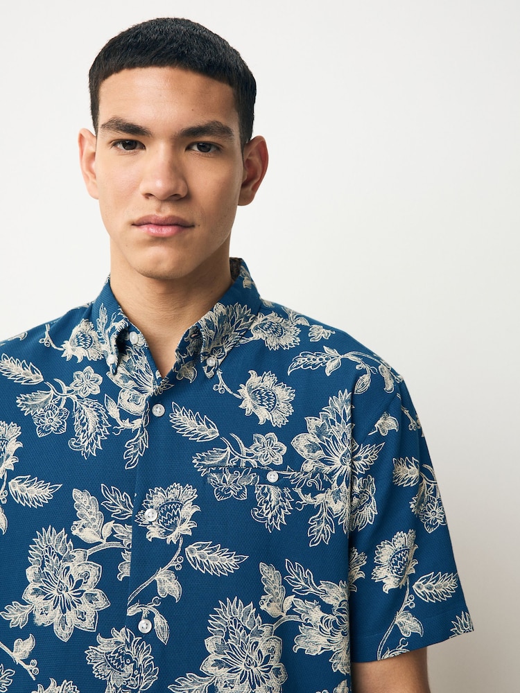 Blue 100% Cotton Textured Floral Print Short Sleeve Shirt - Image 5 of 8
