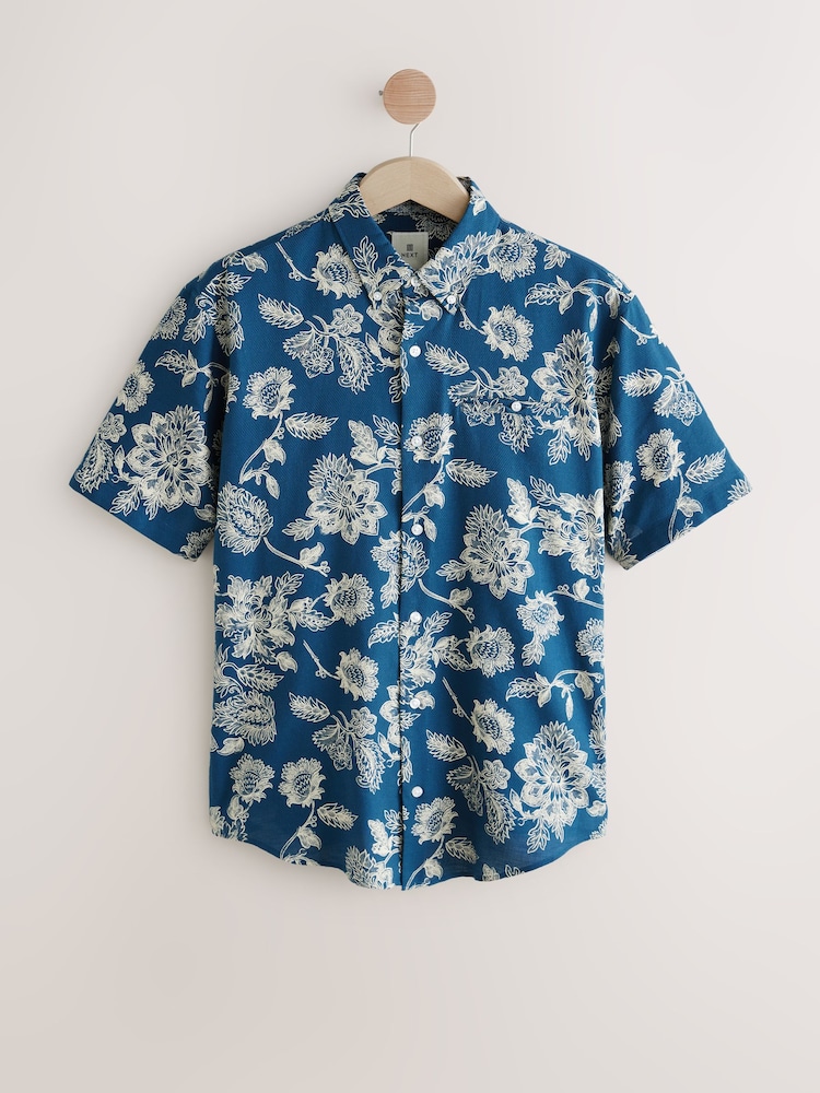 Blue 100% Cotton Textured Floral Print Short Sleeve Shirt - Image 6 of 8